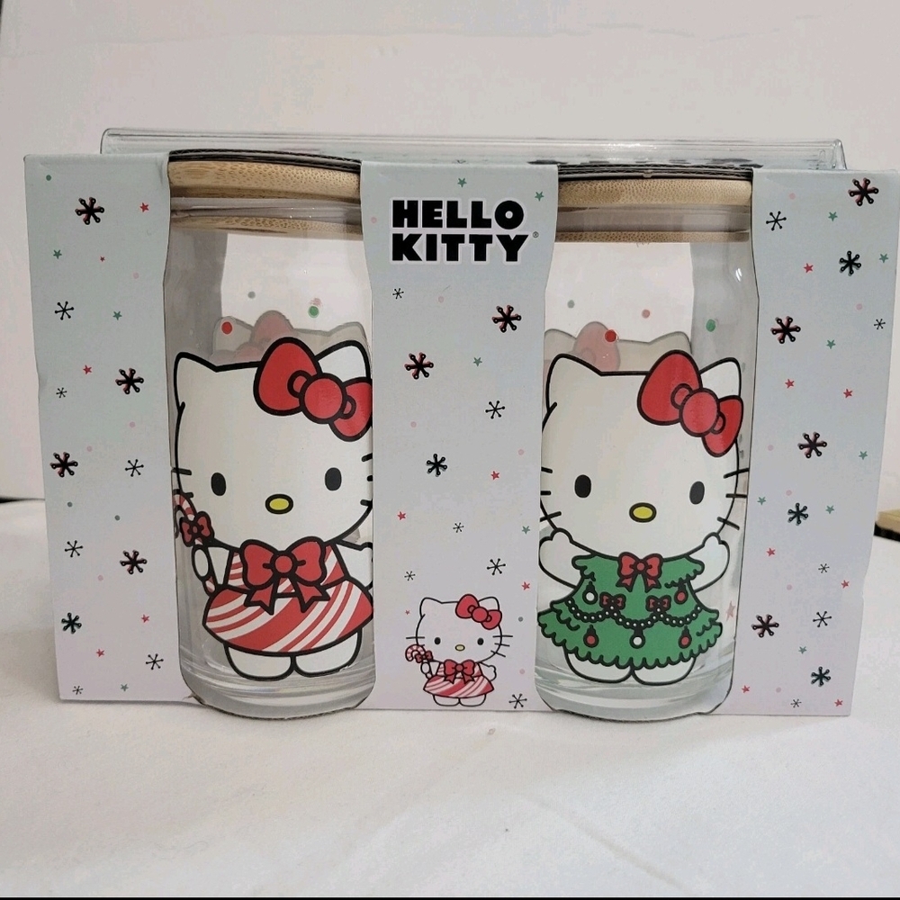 Hello Kitty Sanrio Glass Tumbler Set‎ Bamboo Lid Straw 16 oz Holiday Christmas